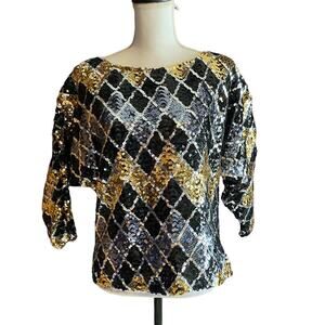 Vintage 80s sequin batwing sleeve statement black gold silver boatneck top sz M